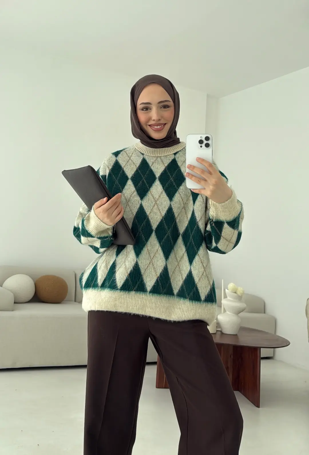 Baklava Desen Şardonlu Kazak Yeşil - Görsel 5