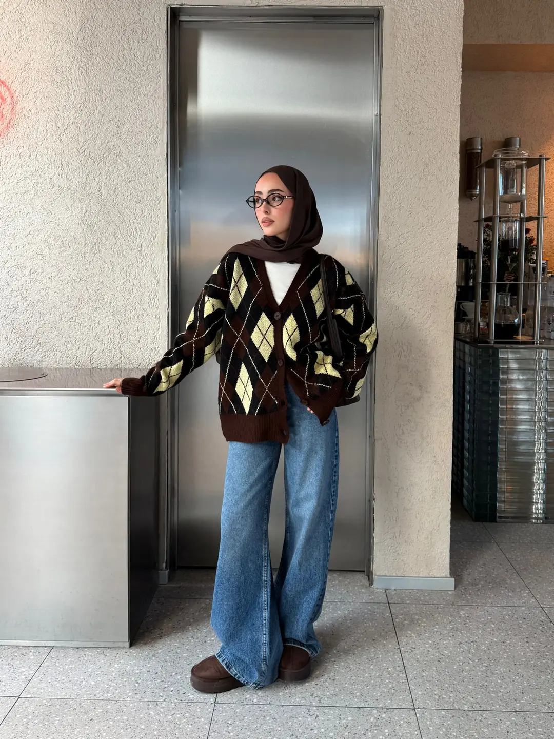 Baklava Jakarlı Hırka Kahve/Sarı