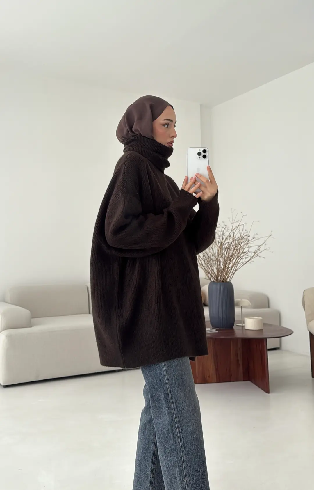 Balıkçı Yaka Oversizse Triko Kazak Kahve