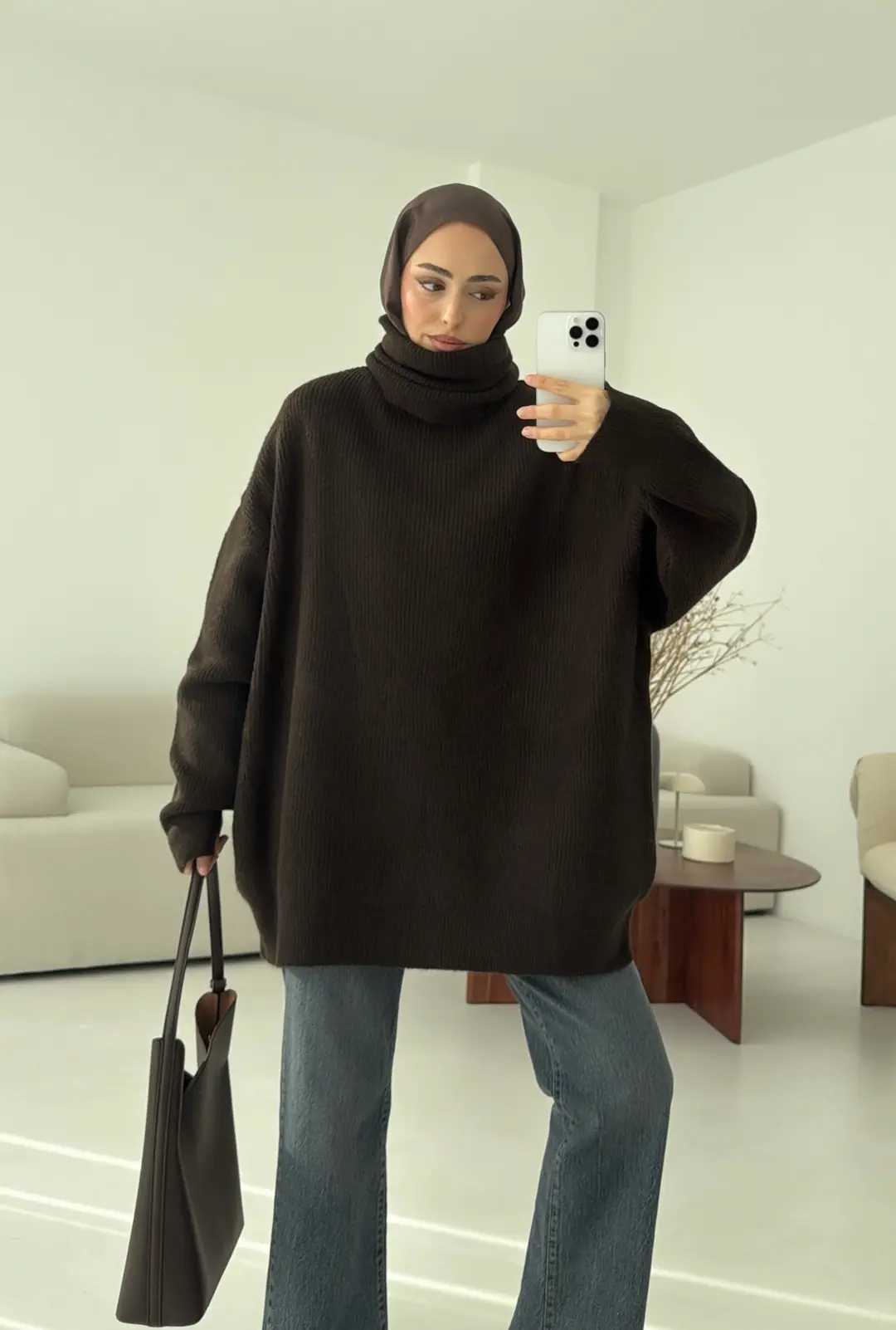 Balıkçı Yaka Oversizse Triko Kazak Kahve - Görsel 3