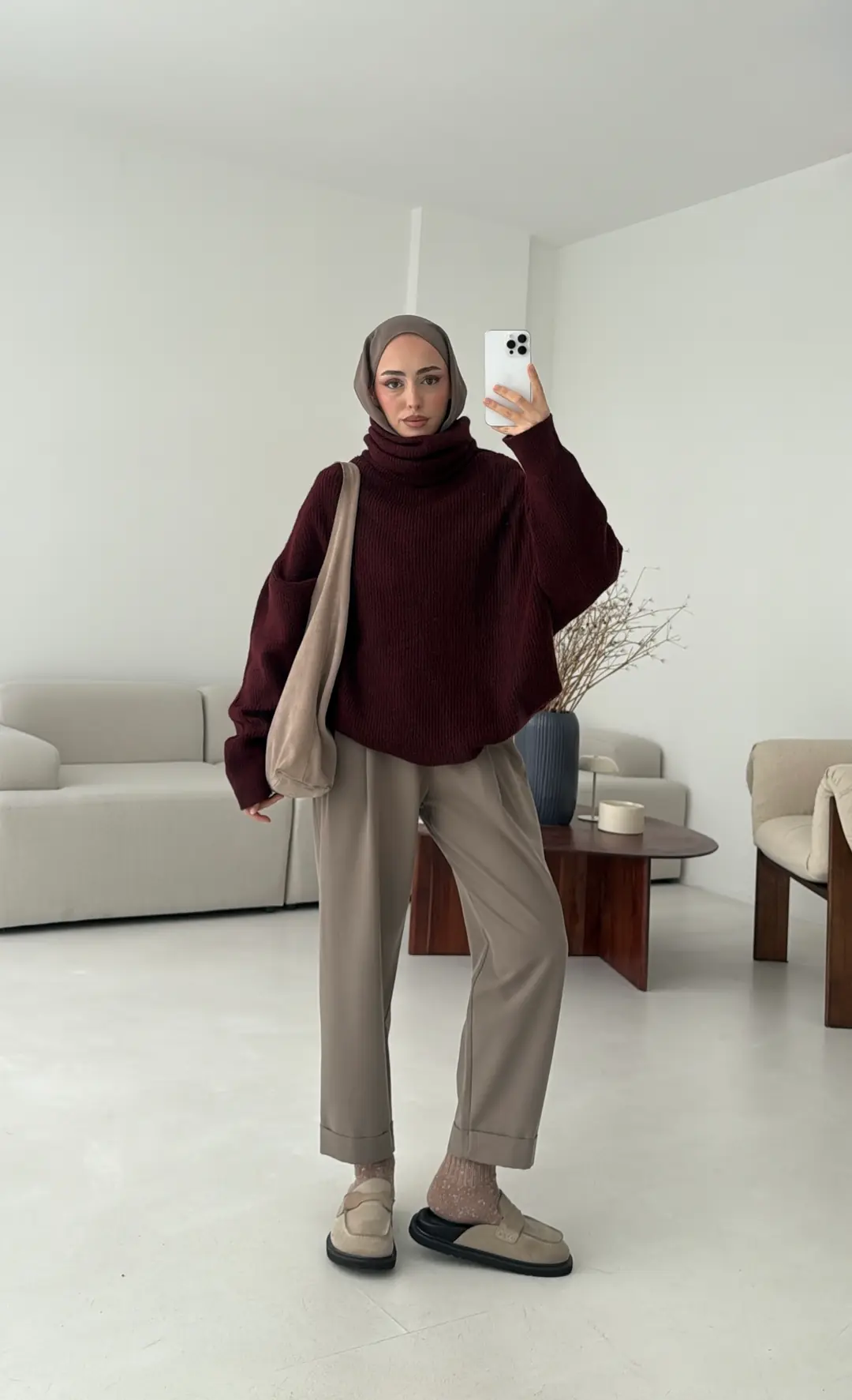 Balıkçı Yaka Oversizse Triko Kazak Bordo