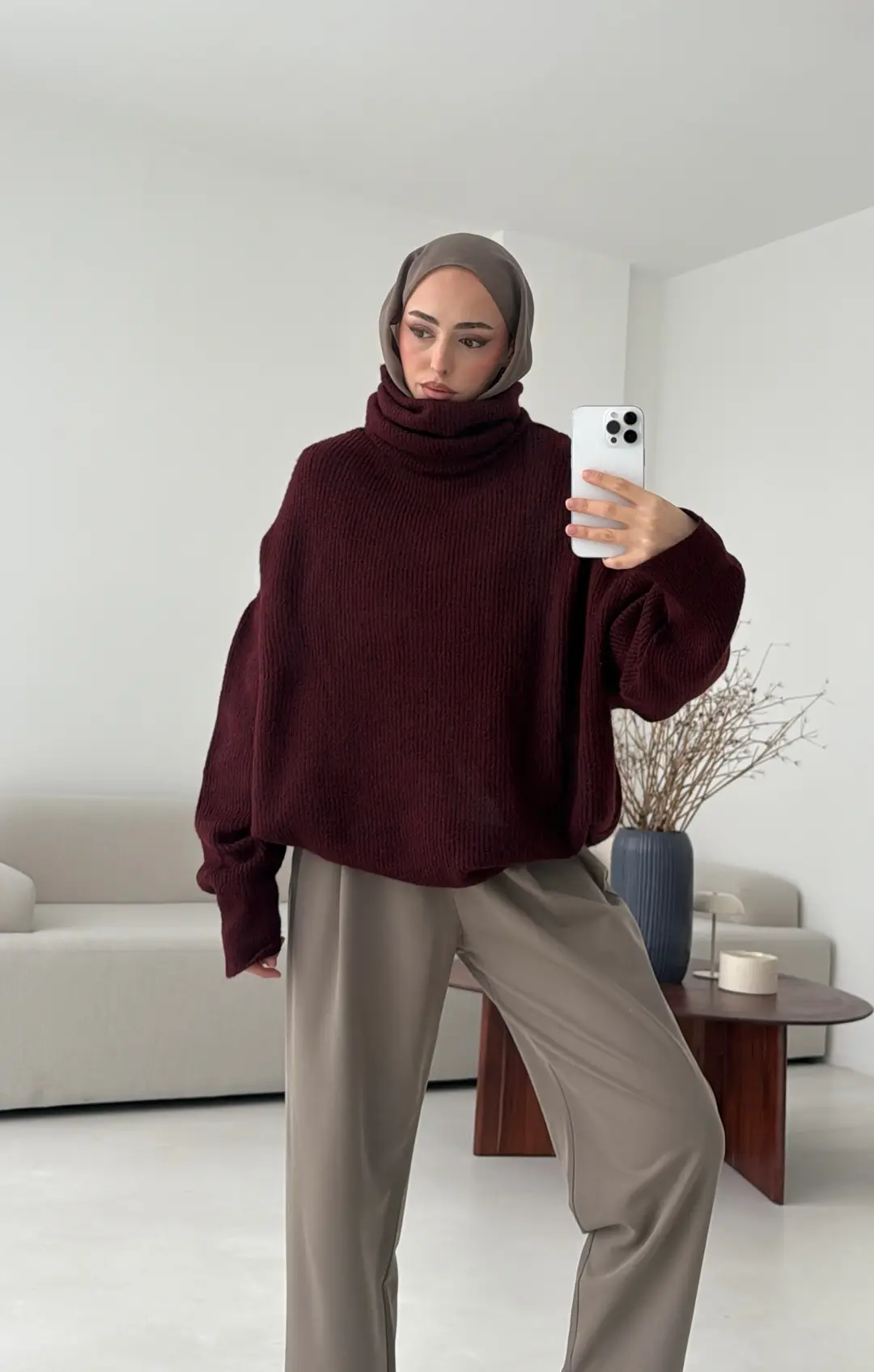 Balıkçı Yaka Oversizse Triko Kazak Bordo - Görsel 2