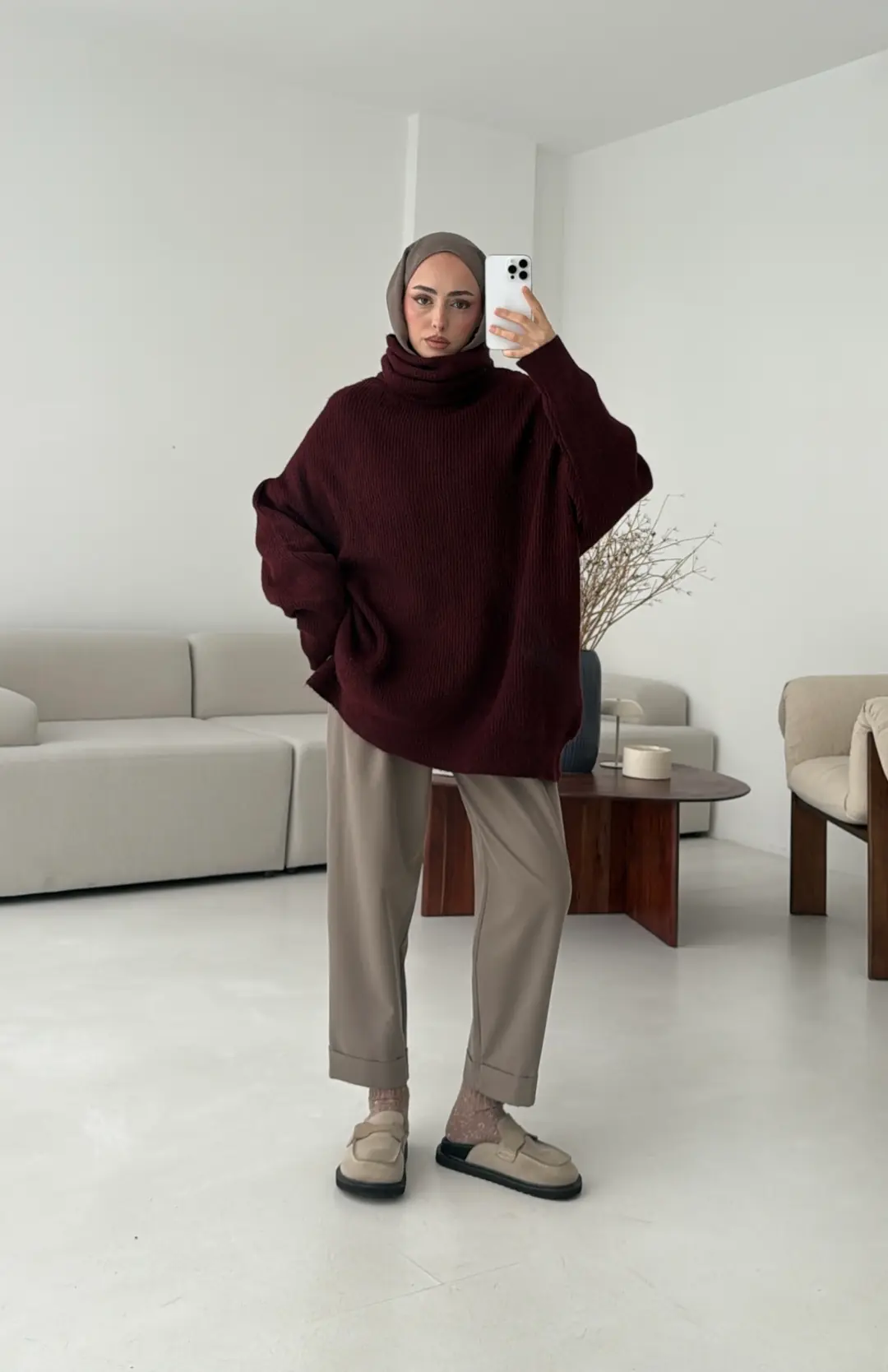 Balıkçı Yaka Oversizse Triko Kazak Bordo - Görsel 5