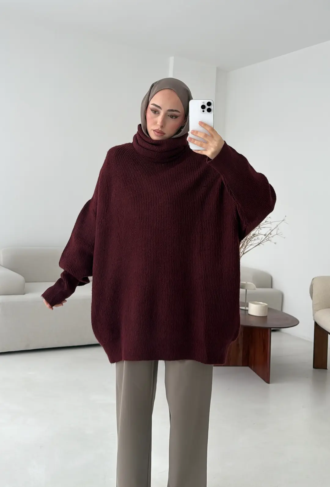 Balıkçı Yaka Oversizse Triko Kazak Bordo - Görsel 9