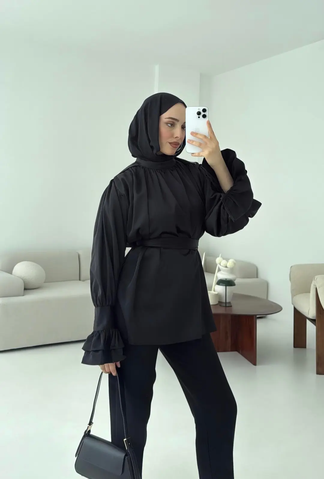 Balon Kol Saten Gömlek Siyah - Görsel 5