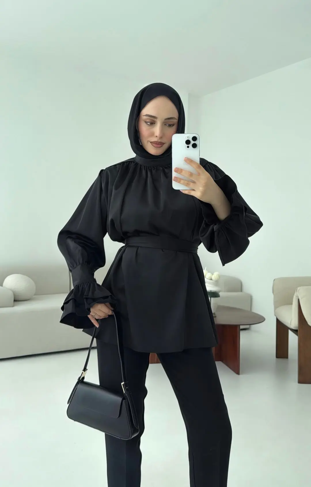 Balon Kol Saten Gömlek Siyah - Görsel 7