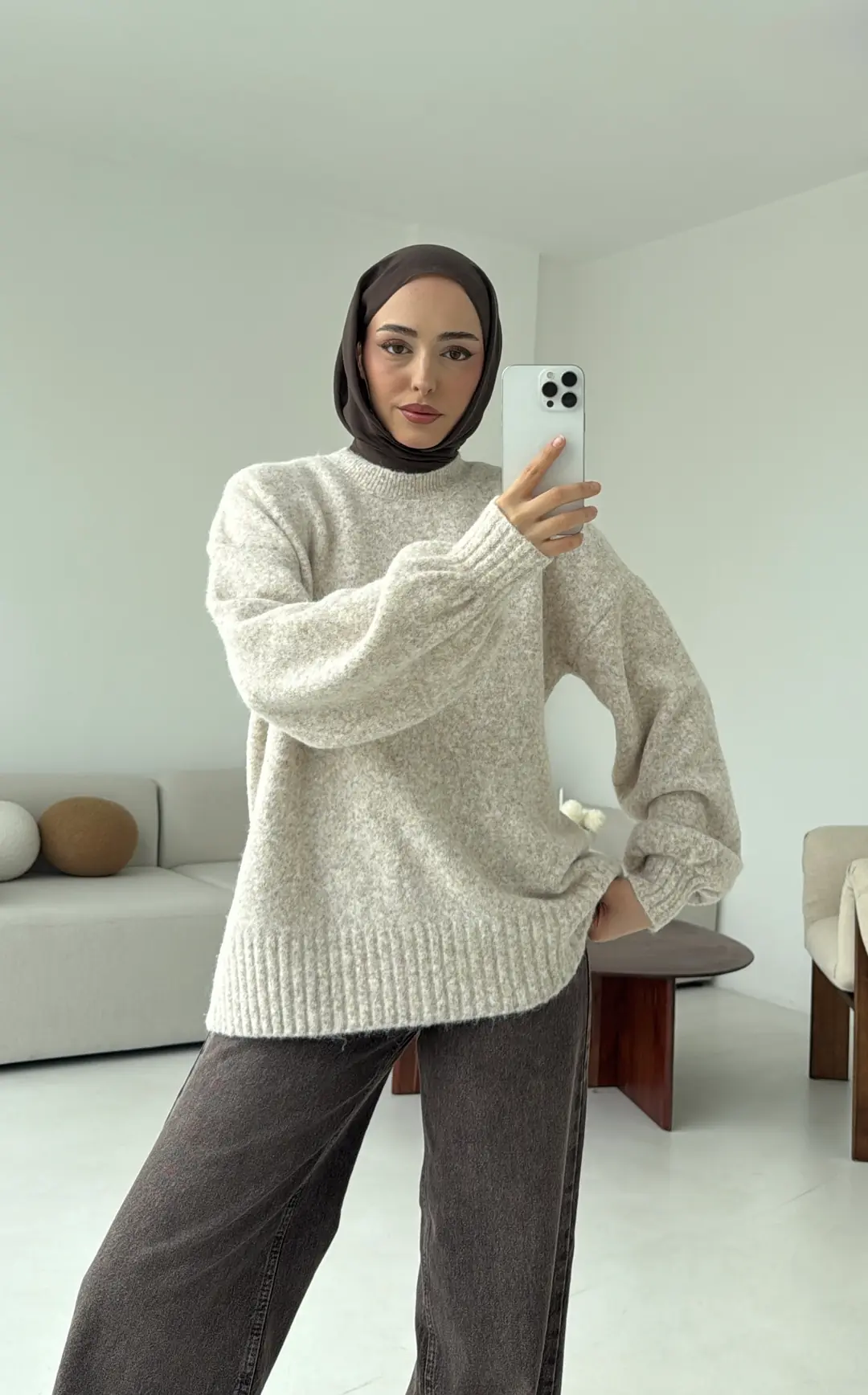 Balon Kol Yumuşak Kazak Bej - Görsel 9