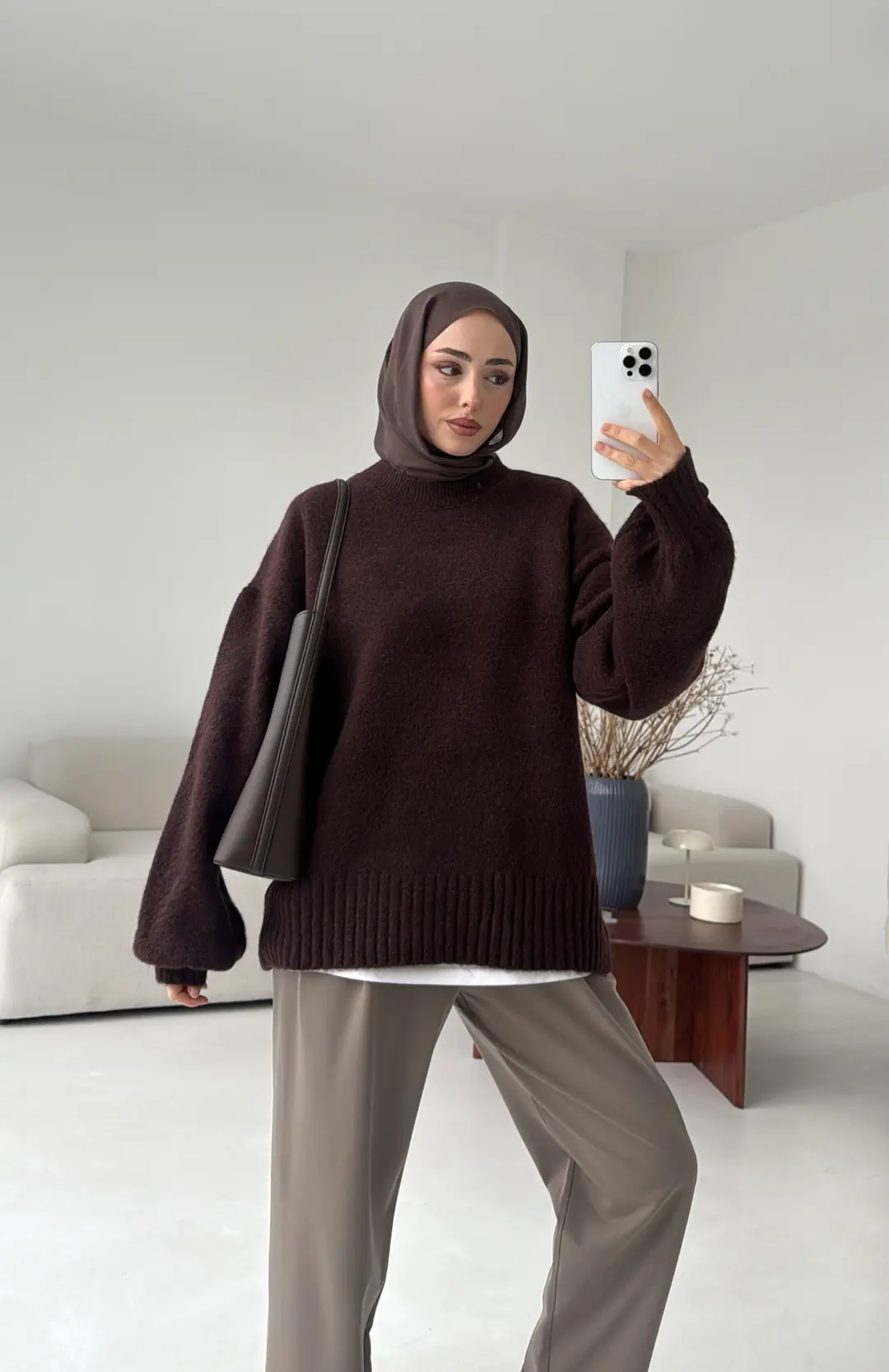 Balon Kol Yumuşak Kazak Kahve