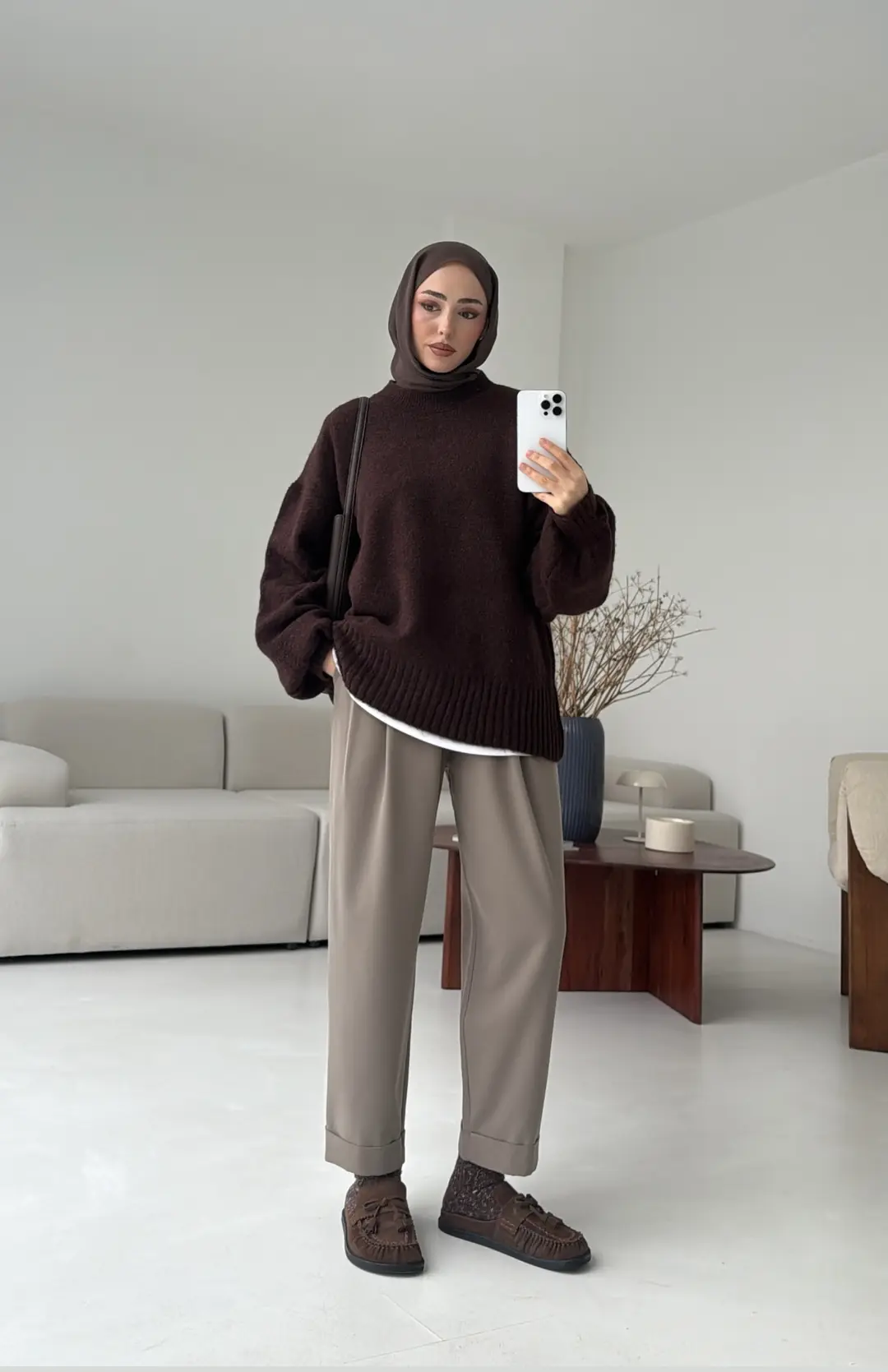 Balon Kol Yumuşak Kazak Kahve - Görsel 5