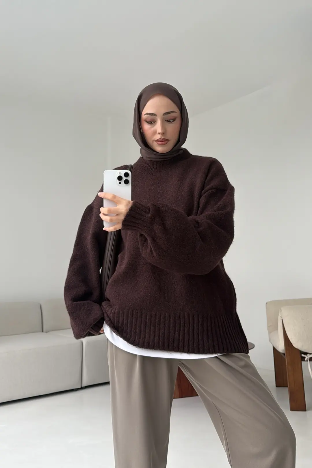 Balon Kol Yumuşak Kazak Kahve - Görsel 6