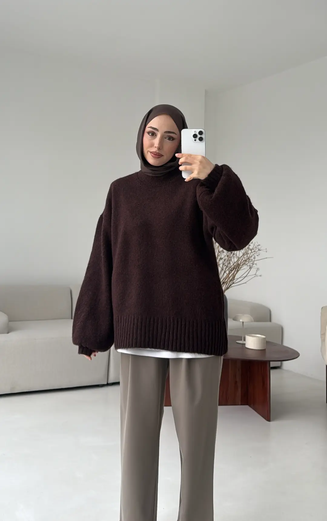 Balon Kol Yumuşak Kazak Kahve - Görsel 7