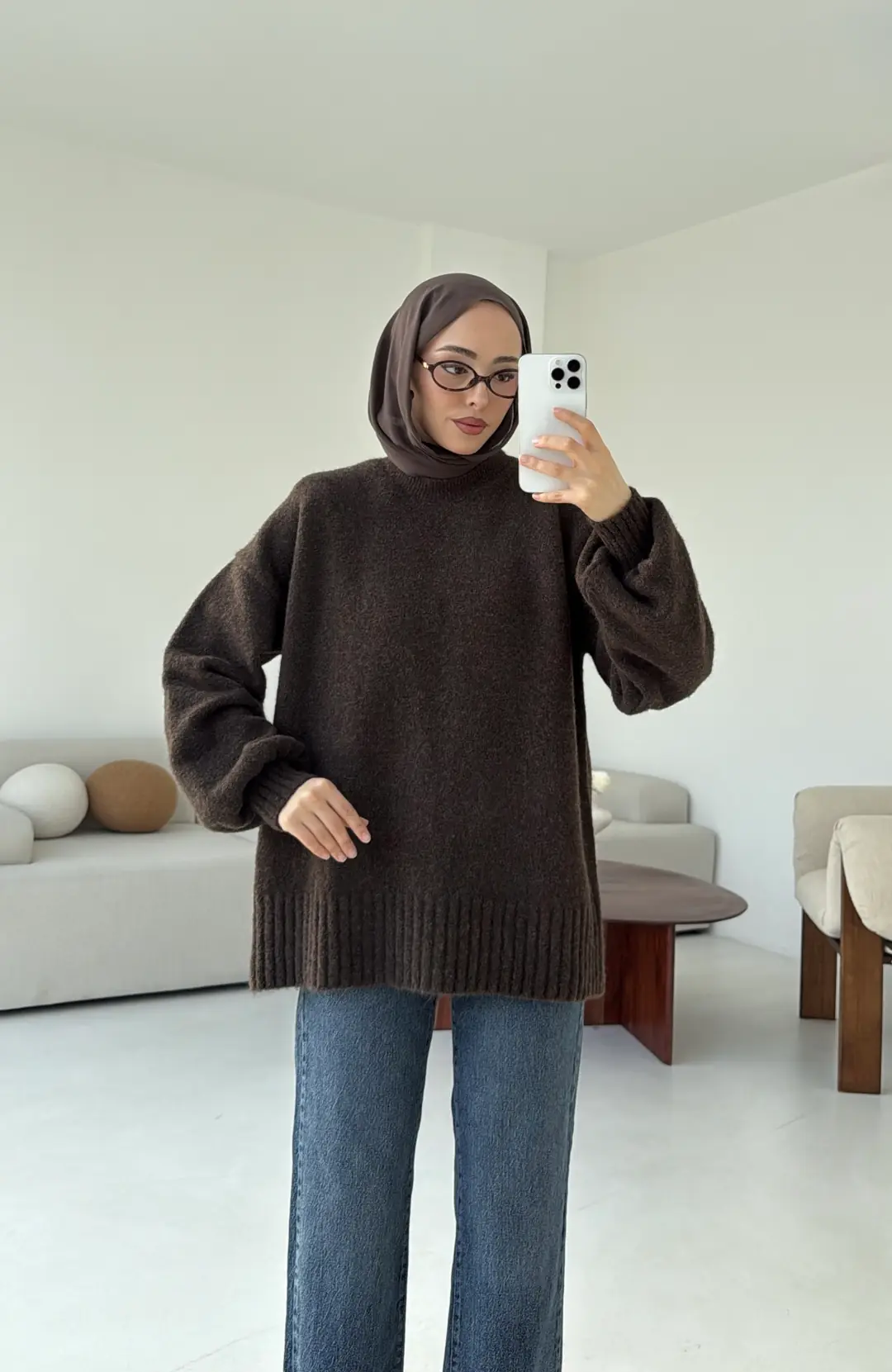 Balon Kol Yumuşak Kazak Kahve - Görsel 3