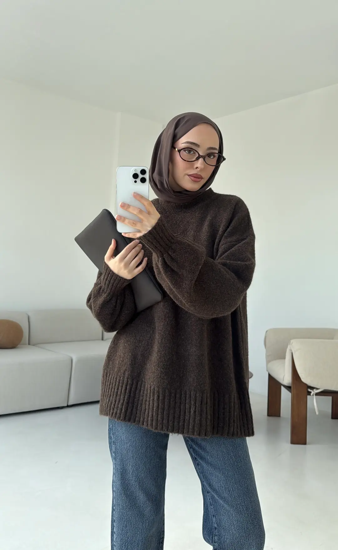 Balon Kol Yumuşak Kazak Kahve - Görsel 9