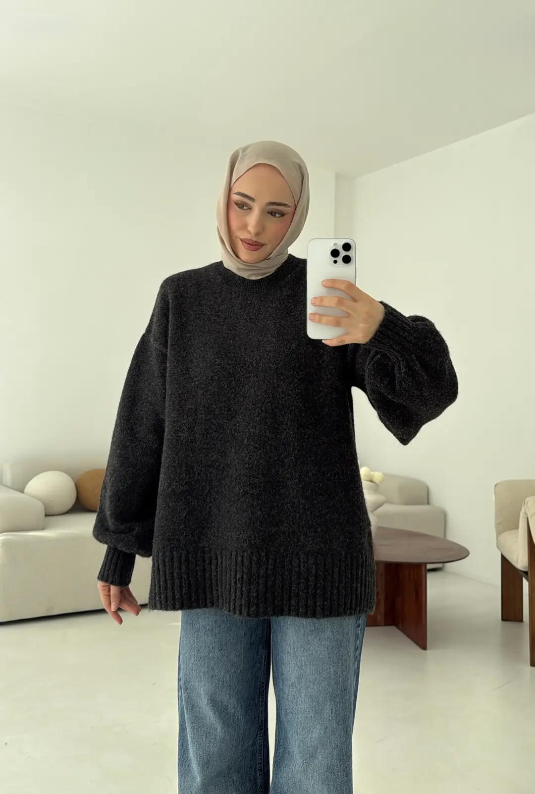 Balon Kol Yumuşak Kazak Koyu Gri - Görsel 3