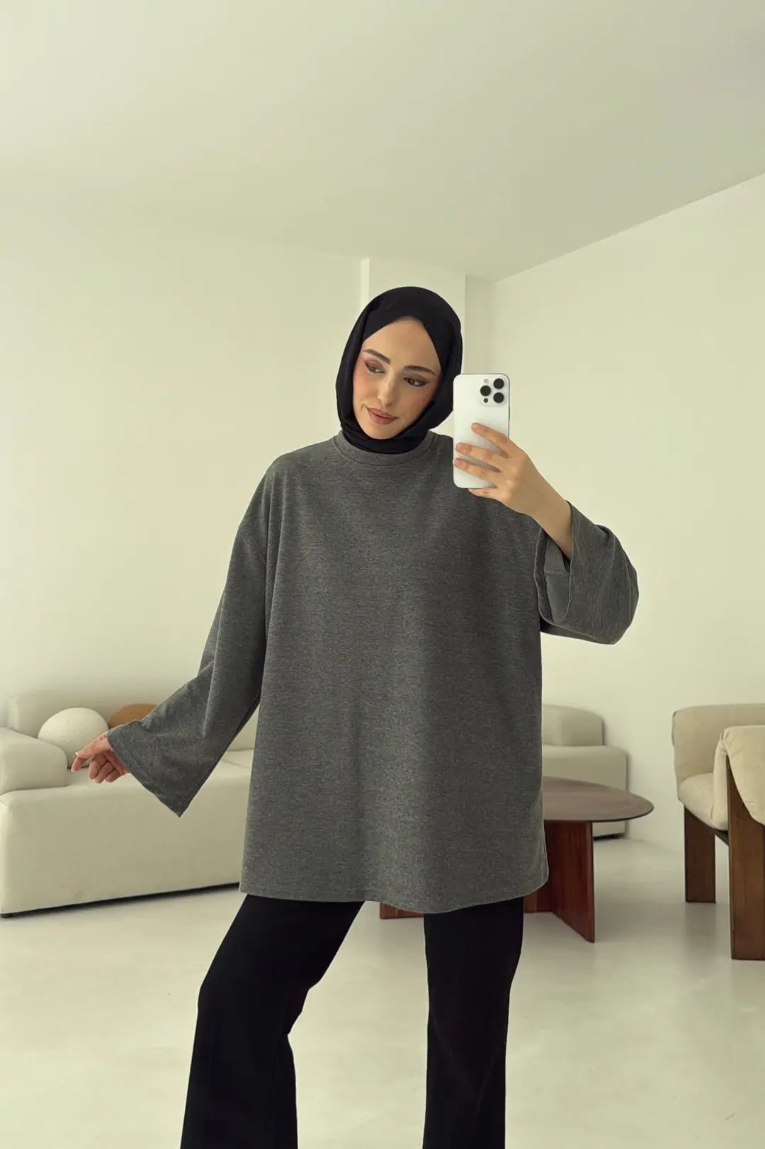 Basic İki İplik Sweat Koyu Gri - Görsel 6