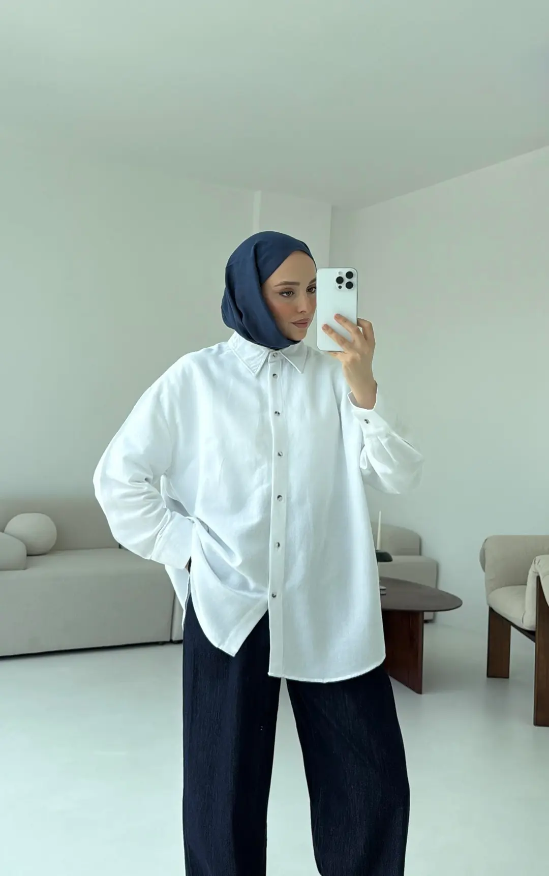 Basic Oversize  Keten Gömlek Beyaz - Görsel 2