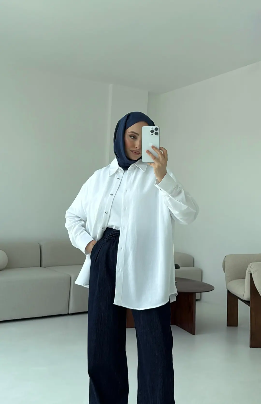 Basic Oversize  Keten Gömlek Beyaz - Görsel 5