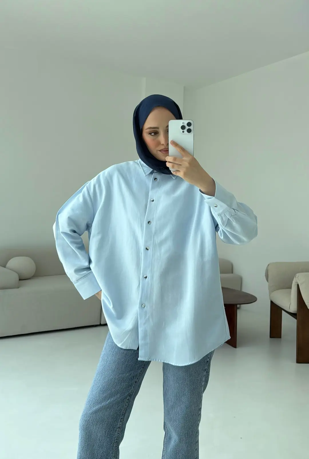 Basic Oversize  Keten Gömlek Mavi