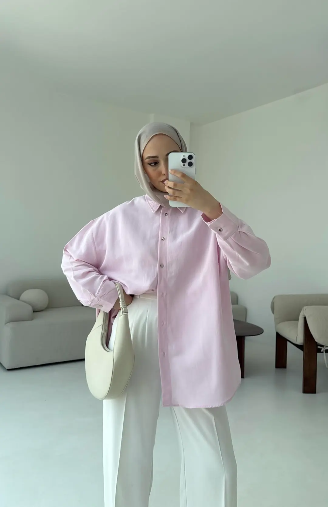 Basic Oversize  Keten Gömlek Pembe - Görsel 3