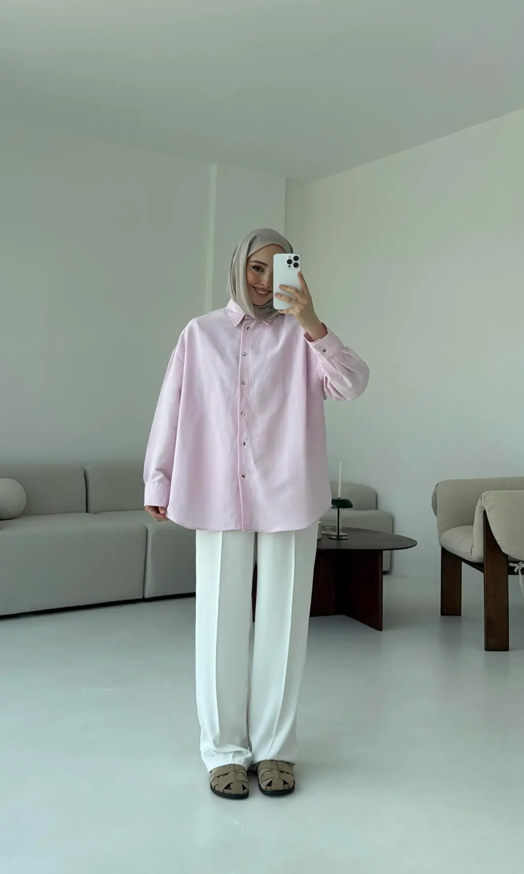 Basic Oversize  Keten Gömlek Pembe - Görsel 5