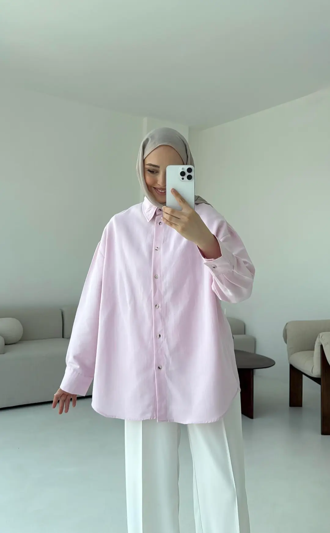 Basic Oversize  Keten Gömlek Pembe - Görsel 9