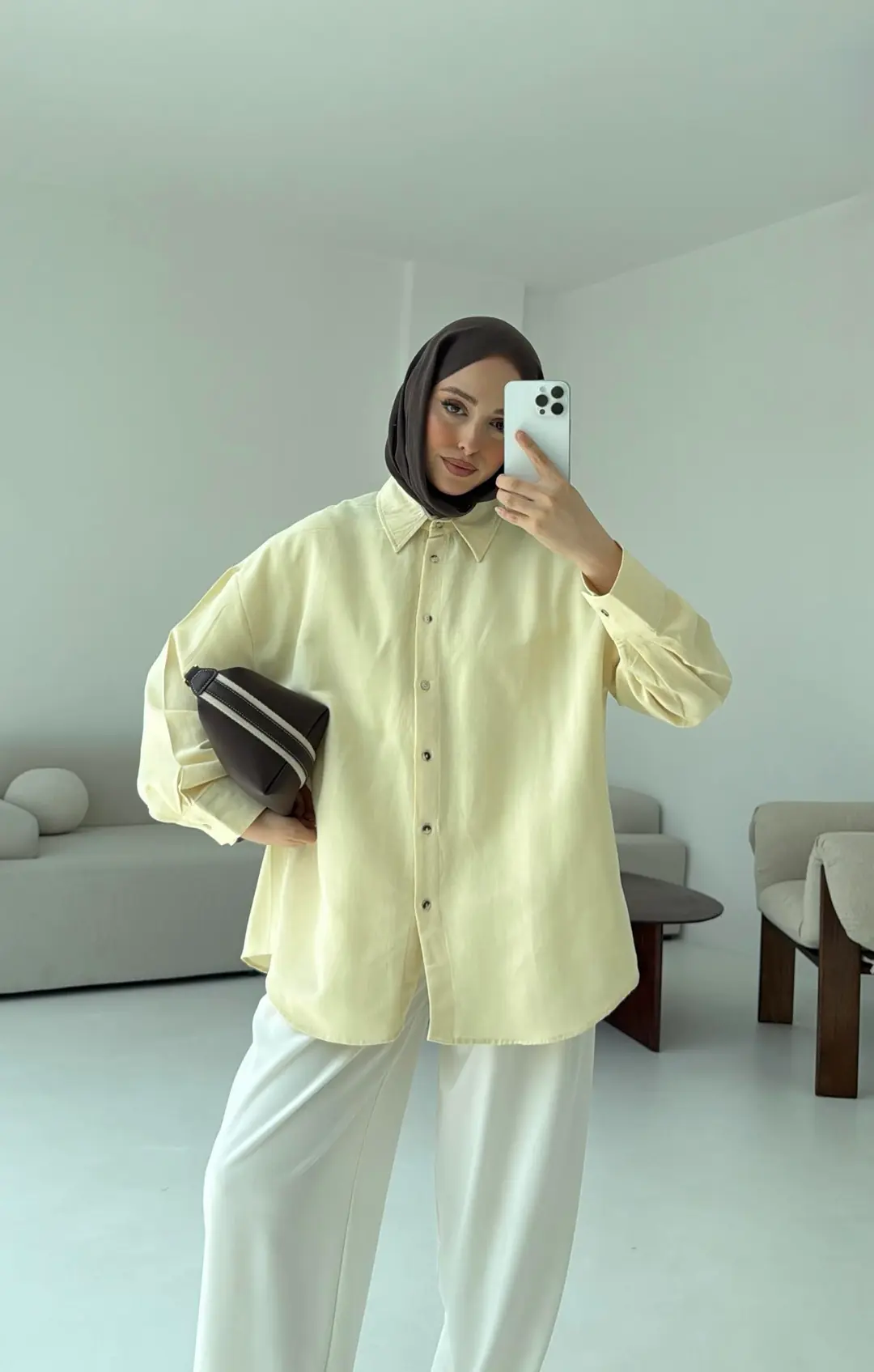 Basic Oversize  Keten Gömlek Sarı - Görsel 3