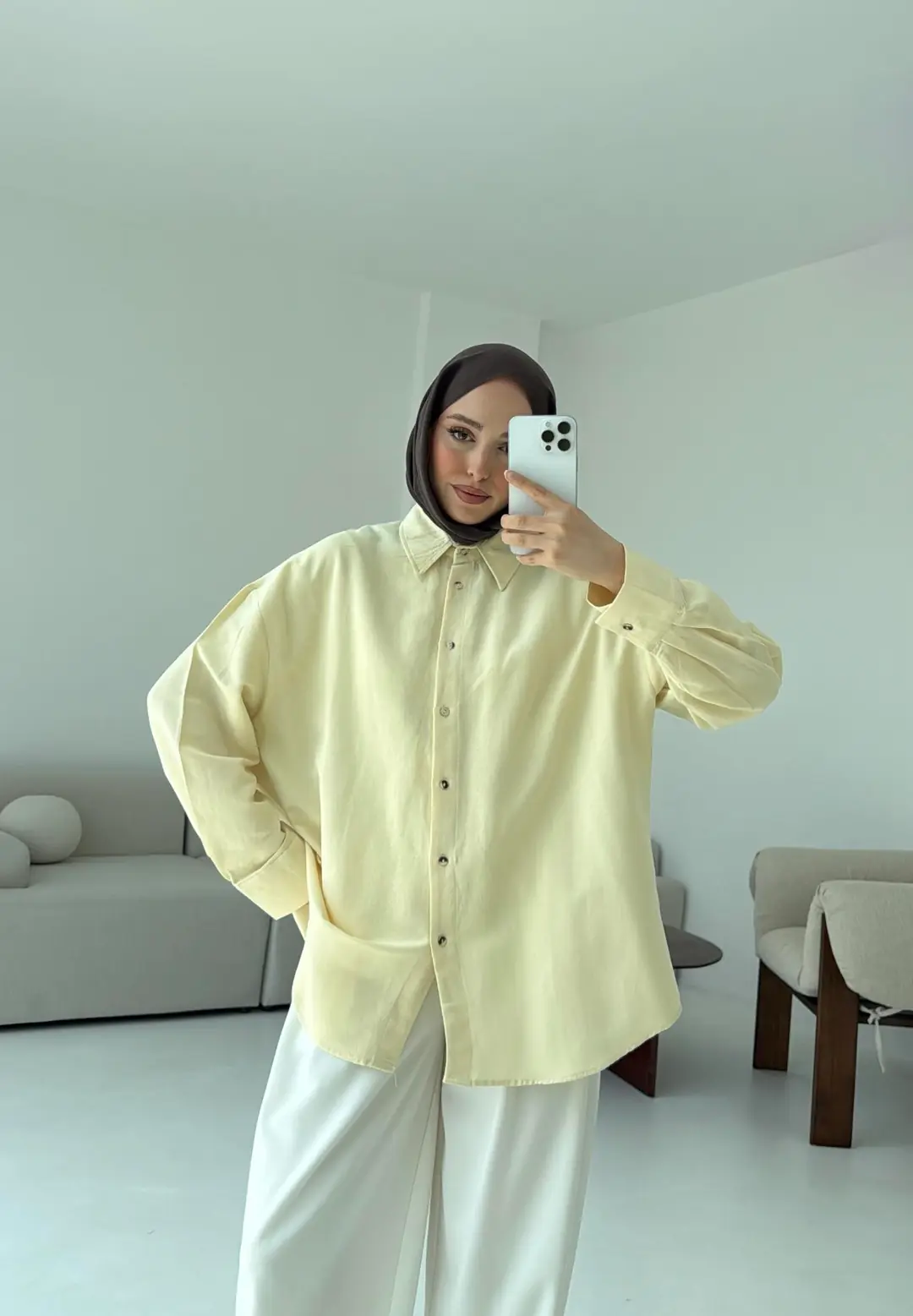 Basic Oversize  Keten Gömlek Sarı - Görsel 9