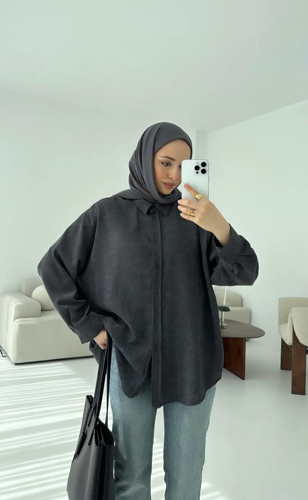 Batik Bambu Keten Gömlek Antrasit - Görsel 2