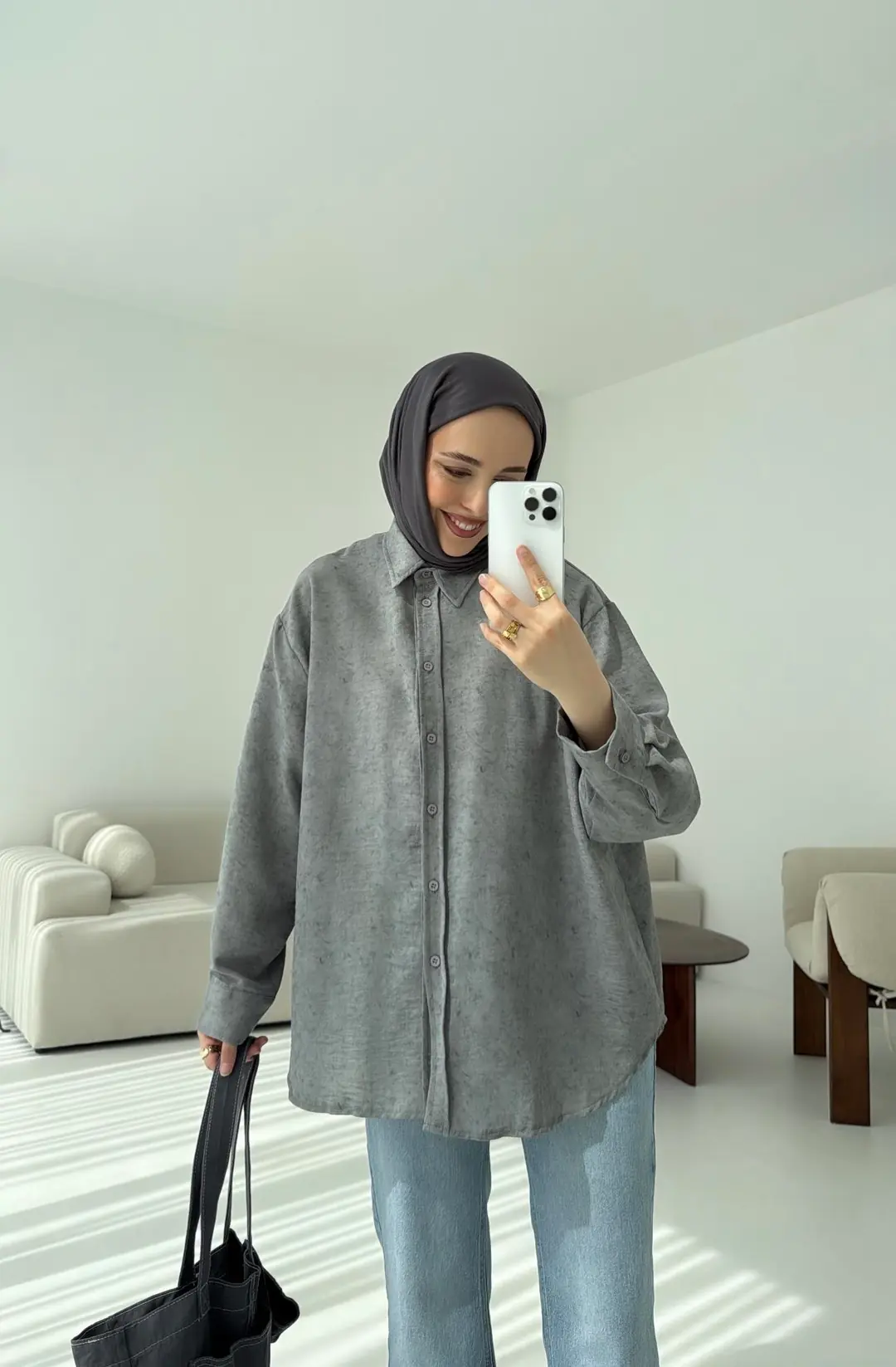 Batik Bambu Keten Gömlek Gri - Görsel 2