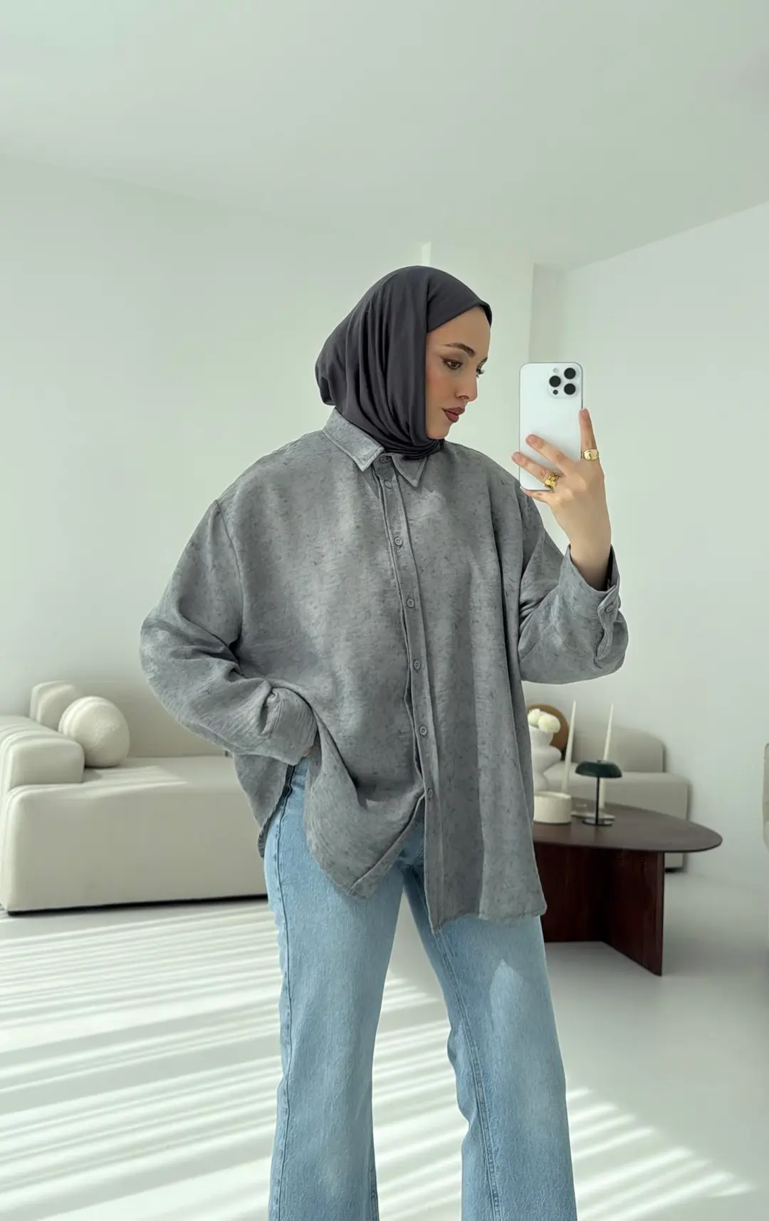 Batik Bambu Keten Gömlek Gri - Görsel 3