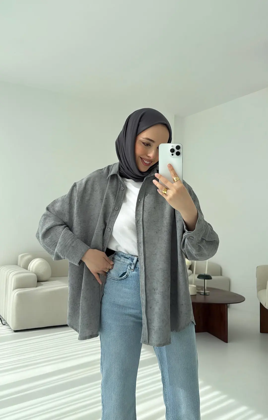 Batik Bambu Keten Gömlek Gri - Görsel 4