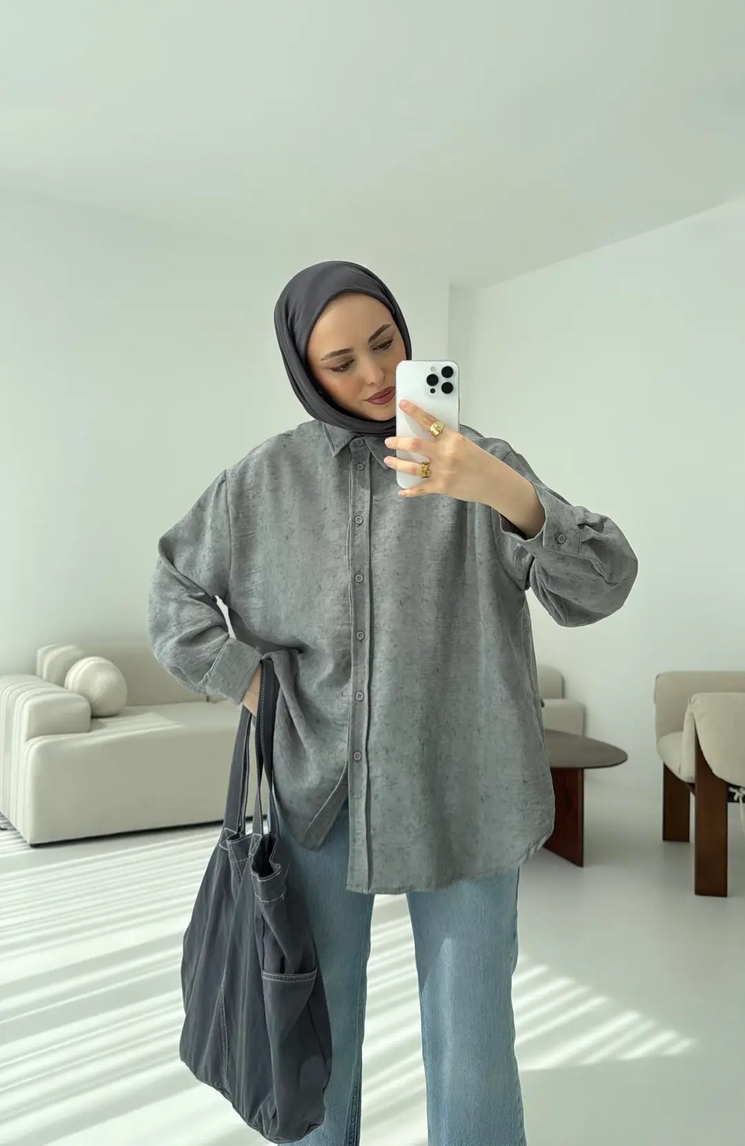 Batik Bambu Keten Gömlek Gri - Görsel 7