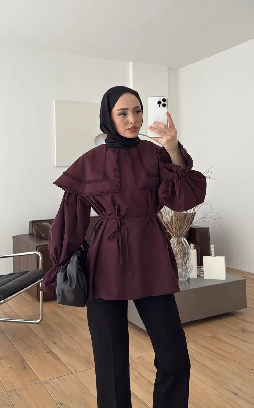 Bebe Yaka Dantel Geçişli Gömlek Bordo