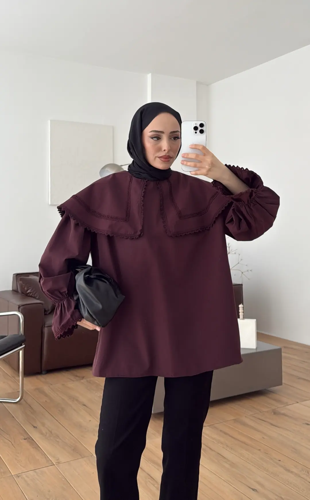 Bebe Yaka Dantel Geçişli Gömlek Bordo - Görsel 10