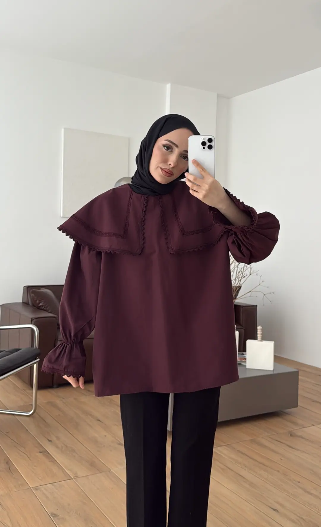 Bebe Yaka Dantel Geçişli Gömlek Bordo - Görsel 8