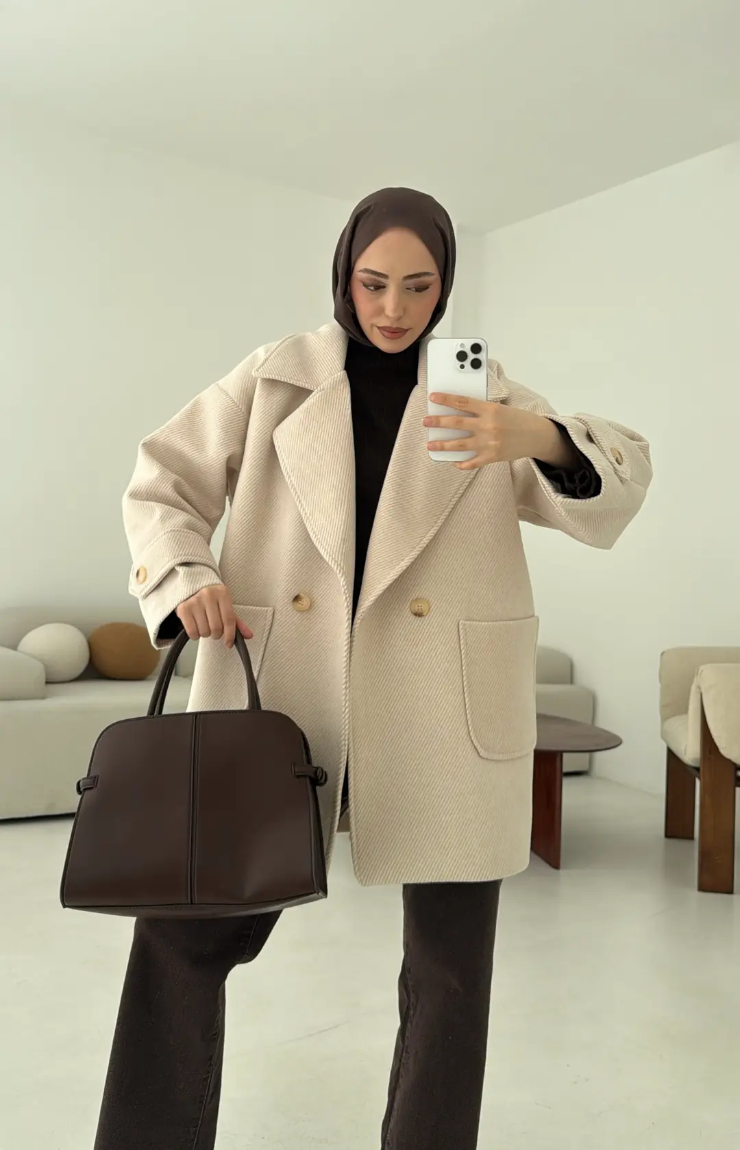 Bej Geçişli Kaşe Kaban