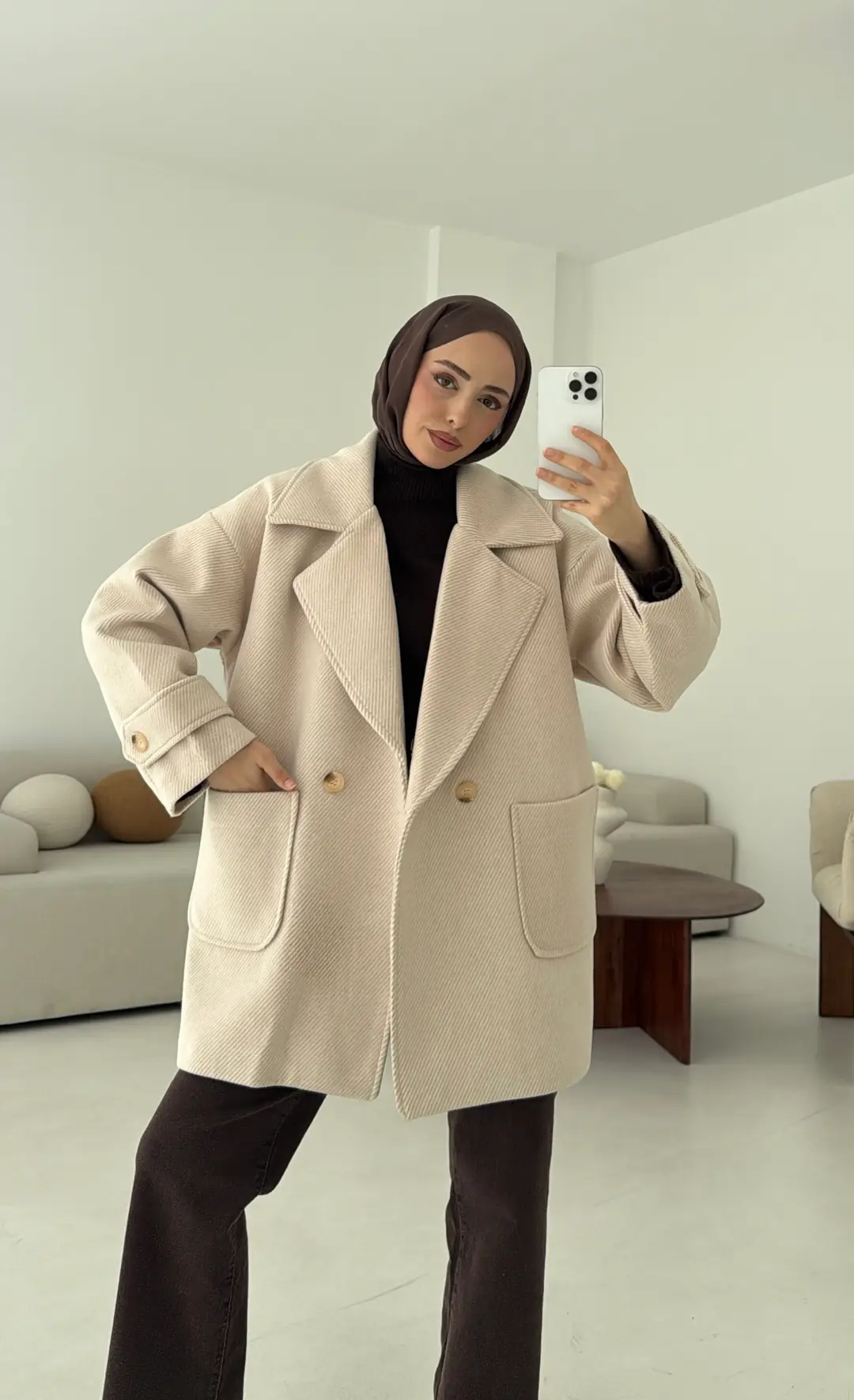 Bej Geçişli Kaşe Kaban - Görsel 4