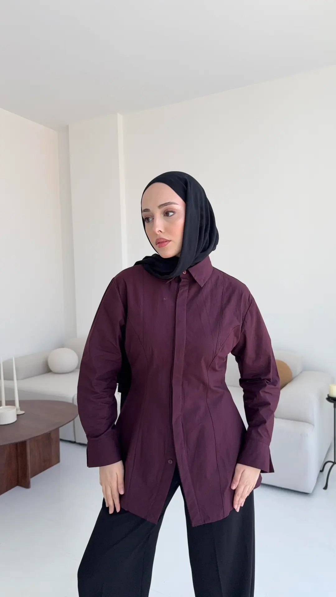 Belden Oturtmalı Poplin Gömlek Bordo - Görsel 7