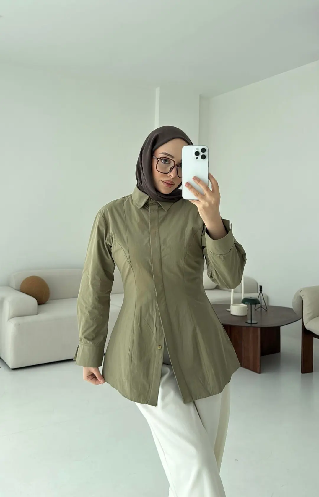 Belden Oturtmalı Poplin Gömlek Haki - Görsel 6