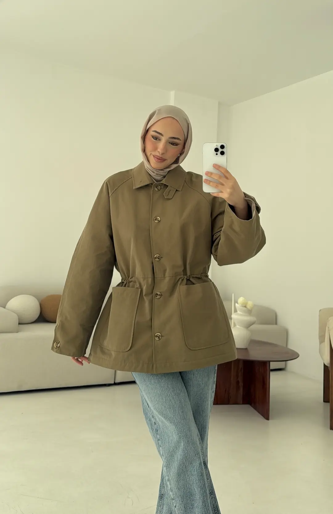 Beli Kordonlu Dolgulu Ceket Haki - Görsel 7