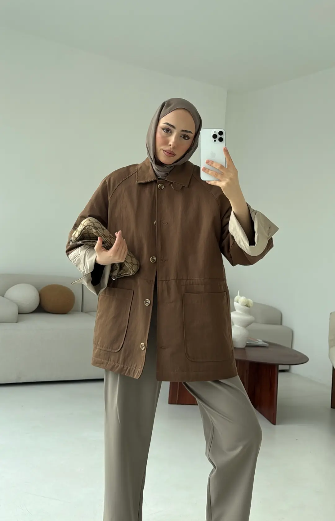 Beli Kordonlu Dolgulu Ceket Kahve - Görsel 7