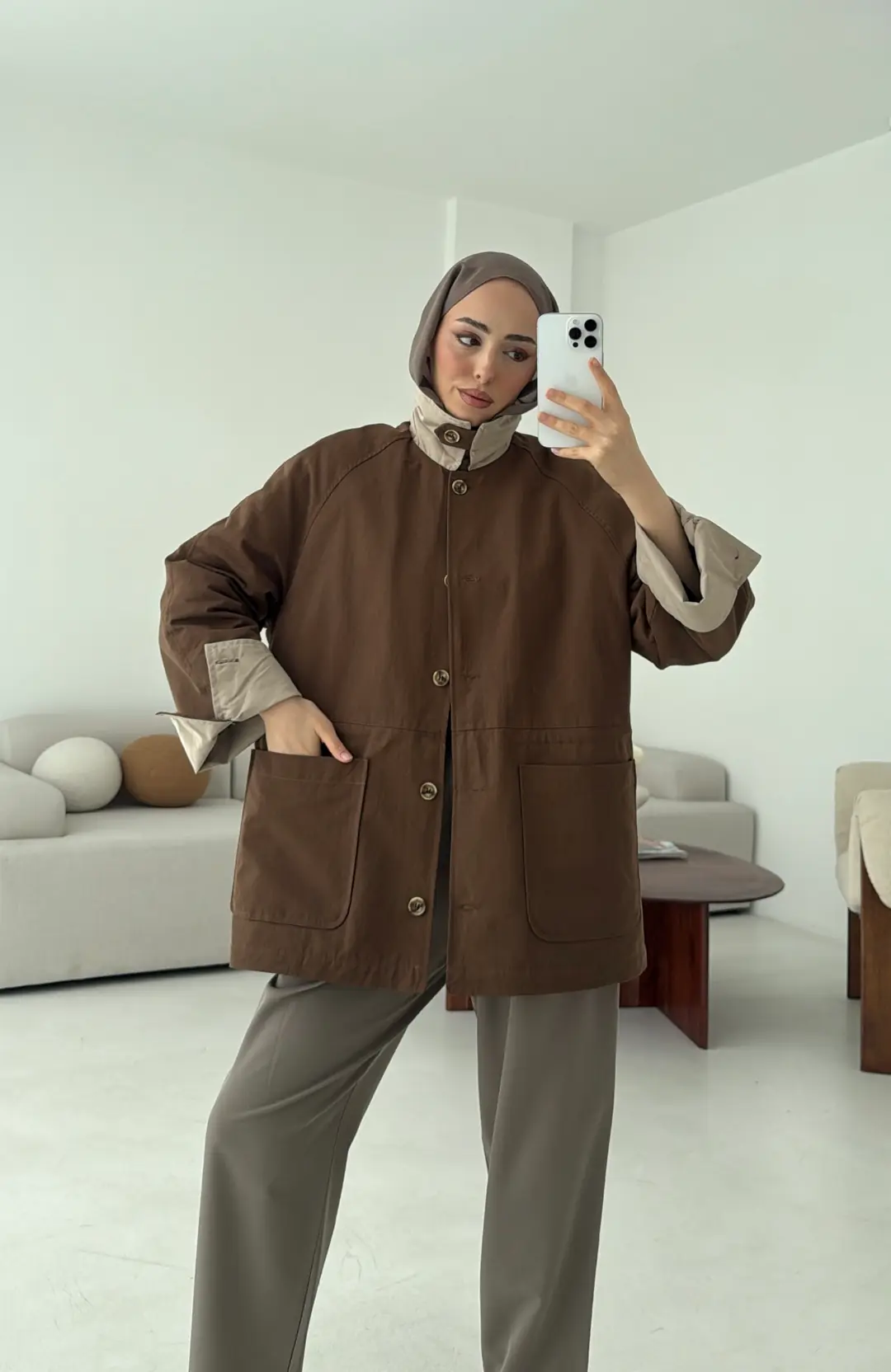 Beli Kordonlu Dolgulu Ceket Kahve - Görsel 8