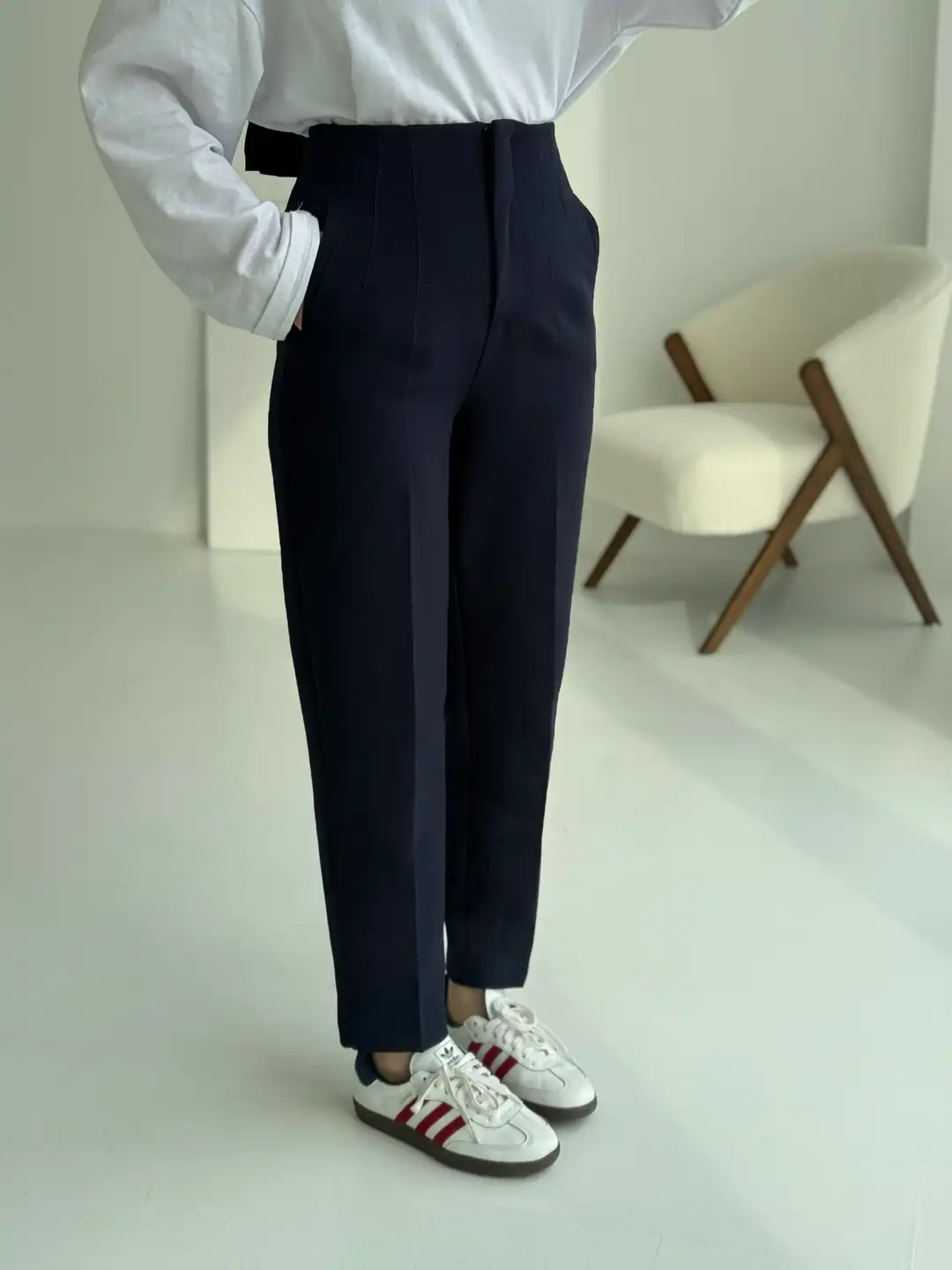 Beli Pens Detay Kumaş Pantolon Lacivert - Görsel 3