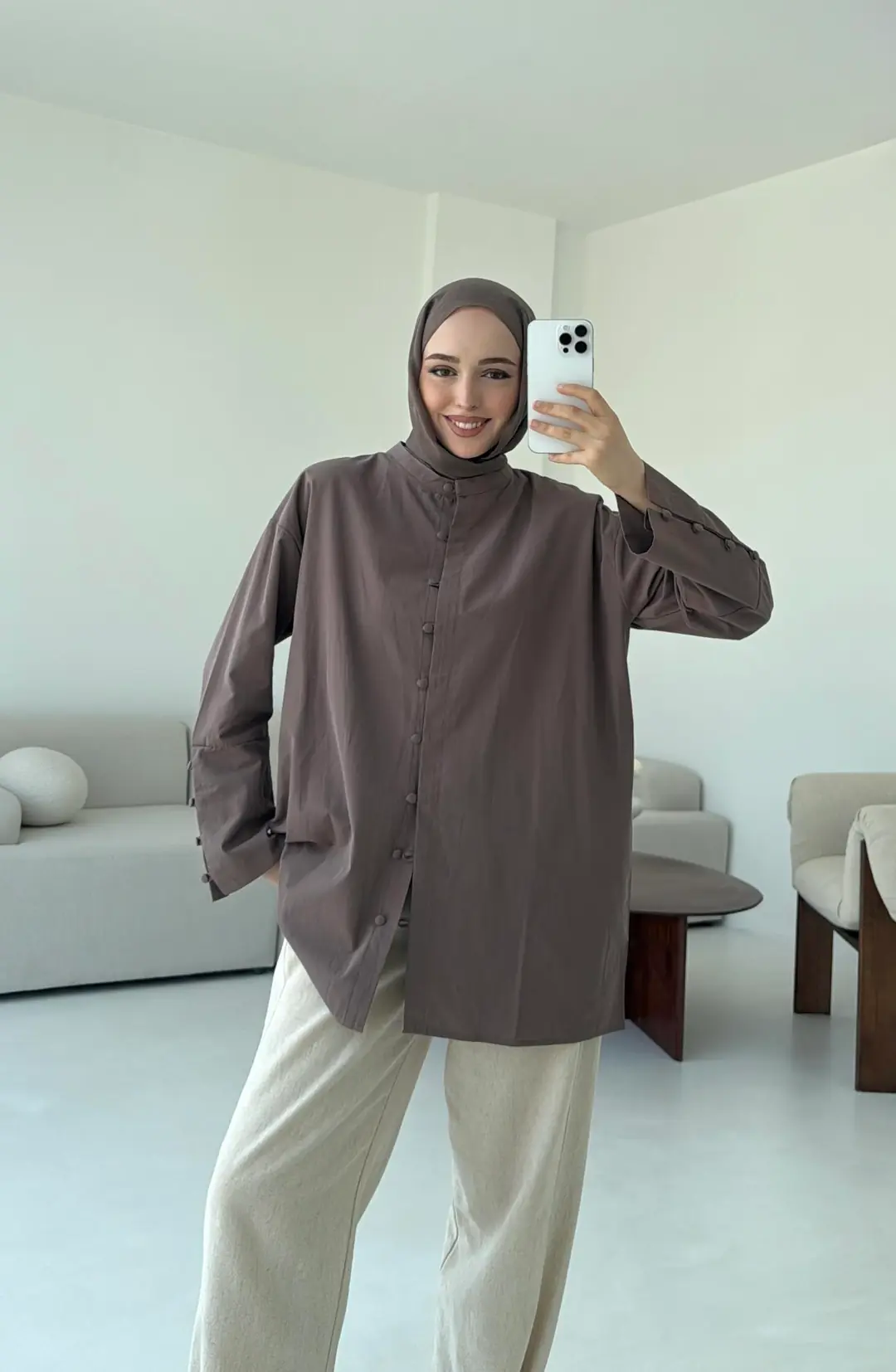 Birit Dügmeli Gömlek Kahve - Görsel 4