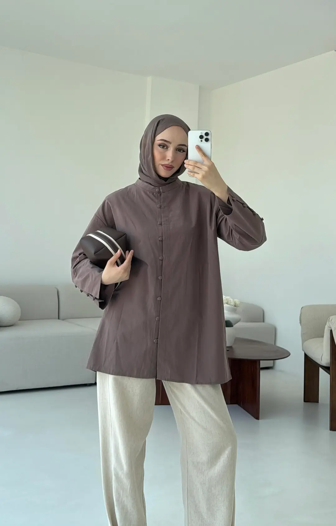 Birit Dügmeli Gömlek Kahve - Görsel 6