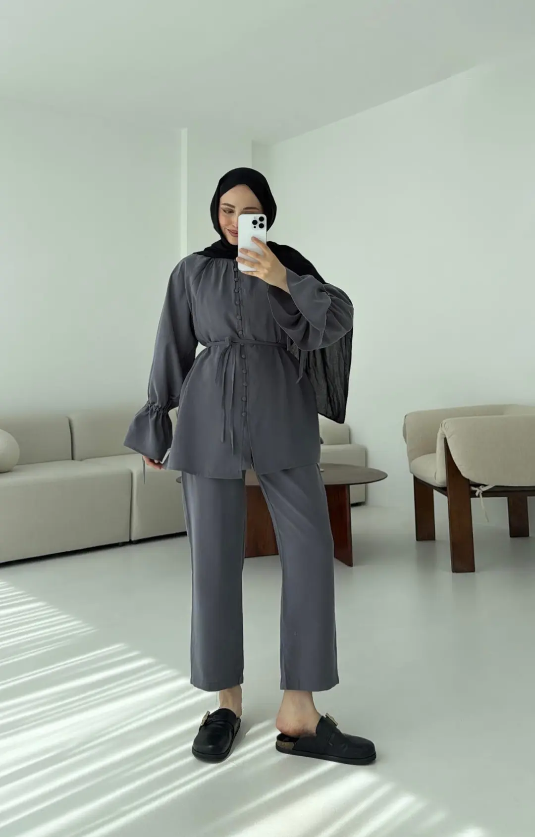 Birit  Düğmeli Tencel Takım Antrasit - Görsel 3