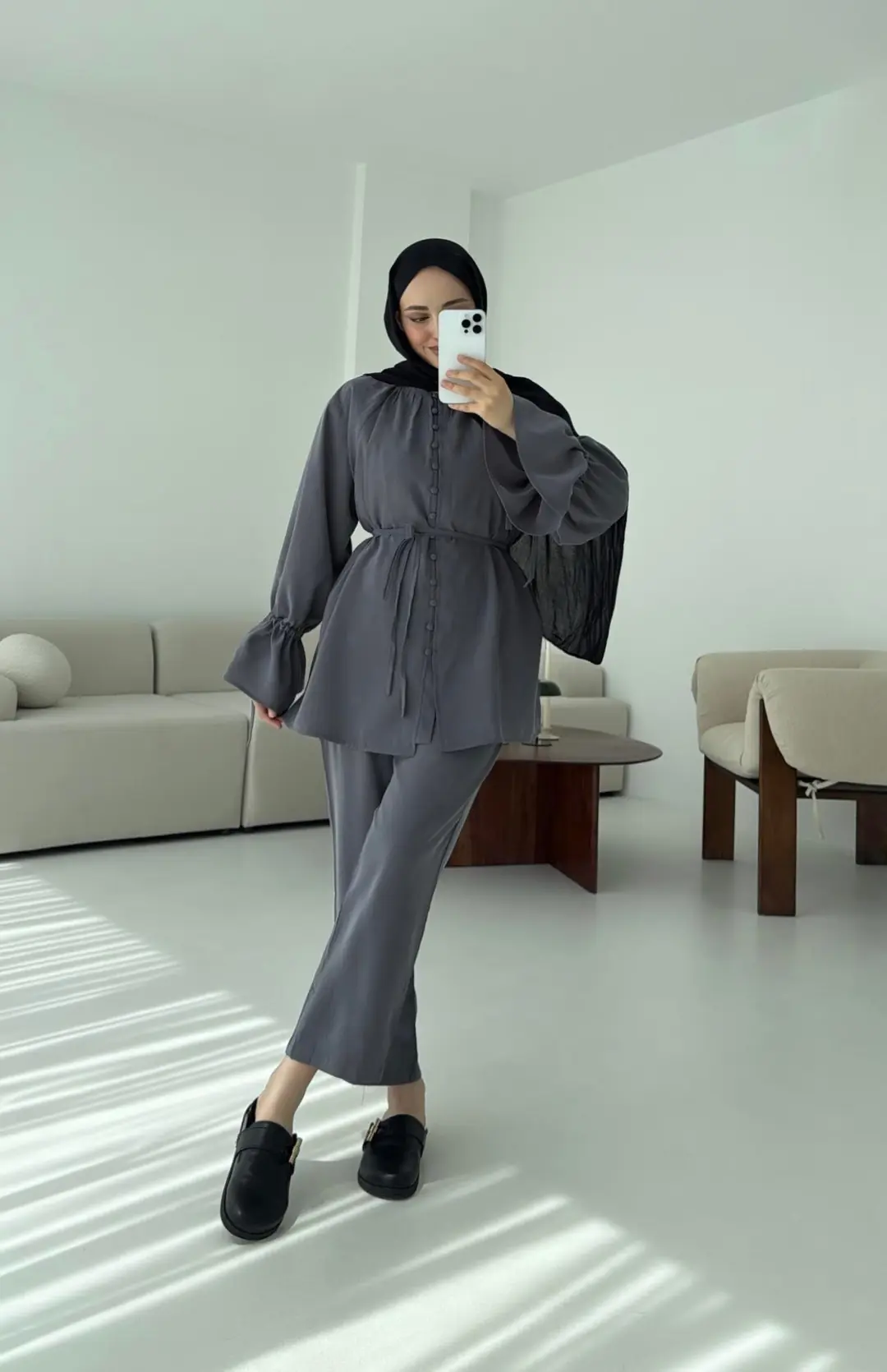 Birit  Düğmeli Tencel Takım Antrasit - Görsel 4