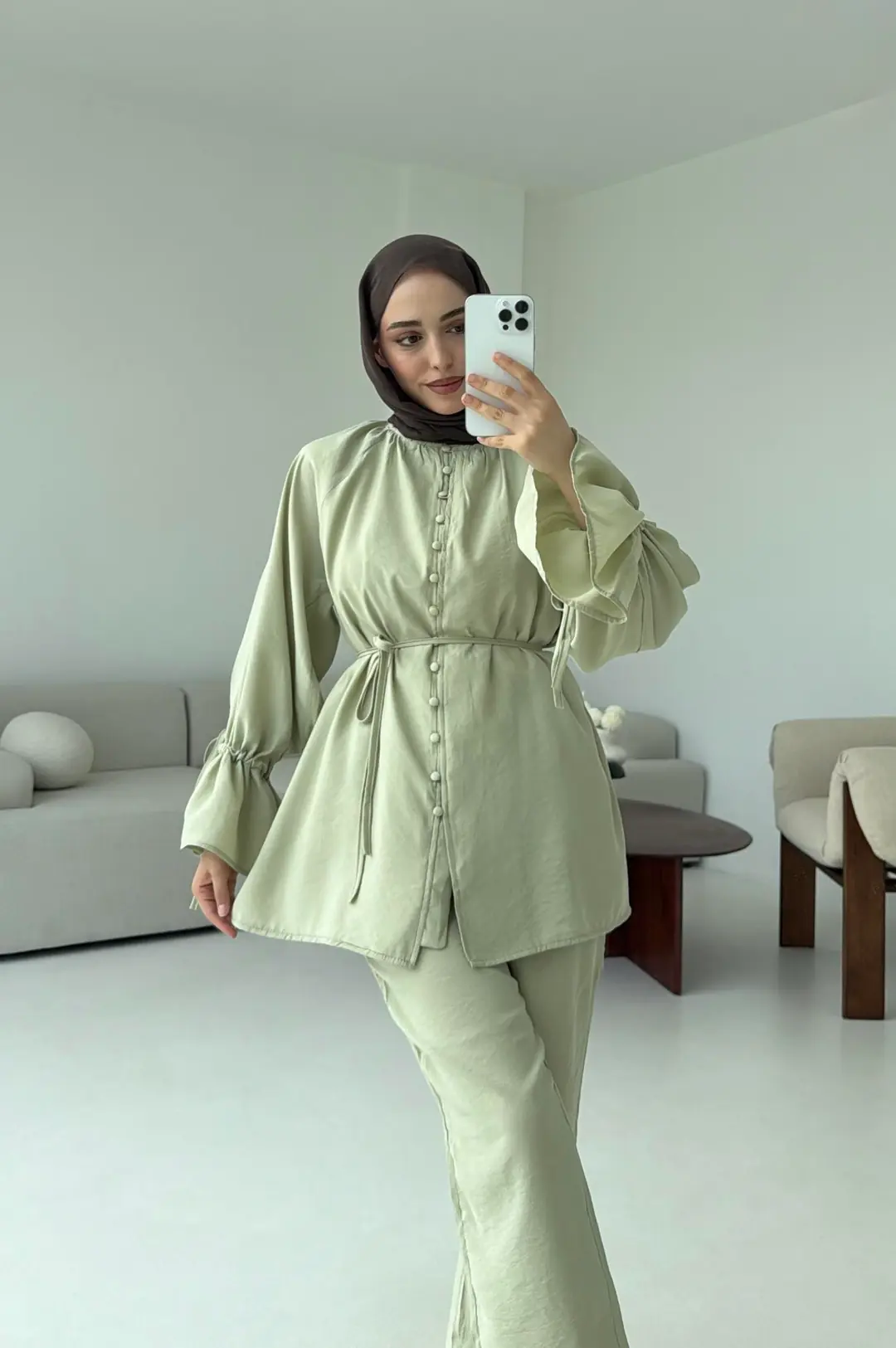 Birit  Düğmeli Tencel Takım Küf Yeşili