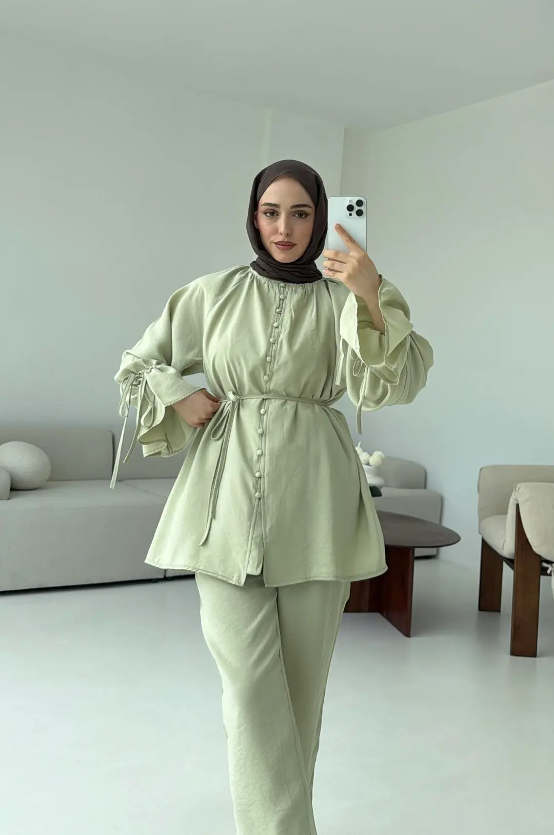 Birit  Düğmeli Tencel Takım Küf Yeşili - Görsel 3