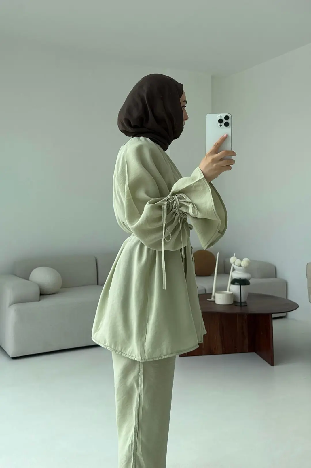 Birit  Düğmeli Tencel Takım Küf Yeşili - Görsel 4